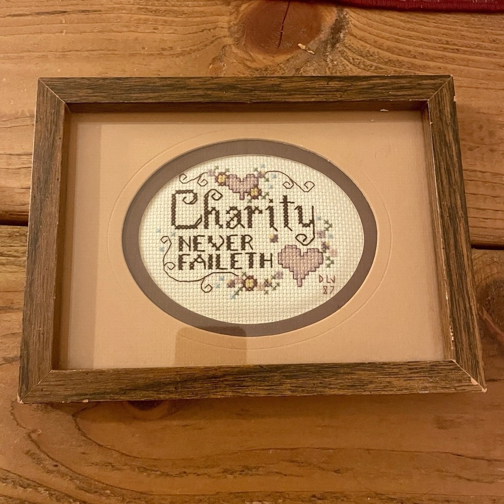 Vintage 1987 Charity Never Faileth Framed Crosstitch 5.75x7.75"